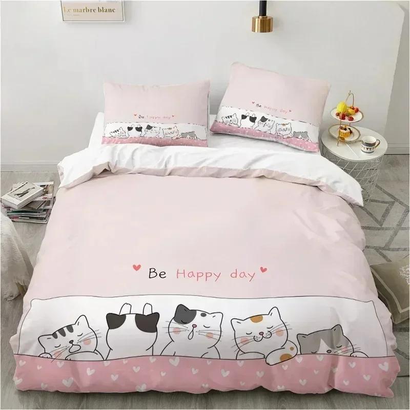 

Top Cute Cartoon Animals Pink Toddler Bedding Set 3D Funny Cat Print Duvet Cover Twin Queen For Teens Kids Girls Bedroom Decor 135x200cm