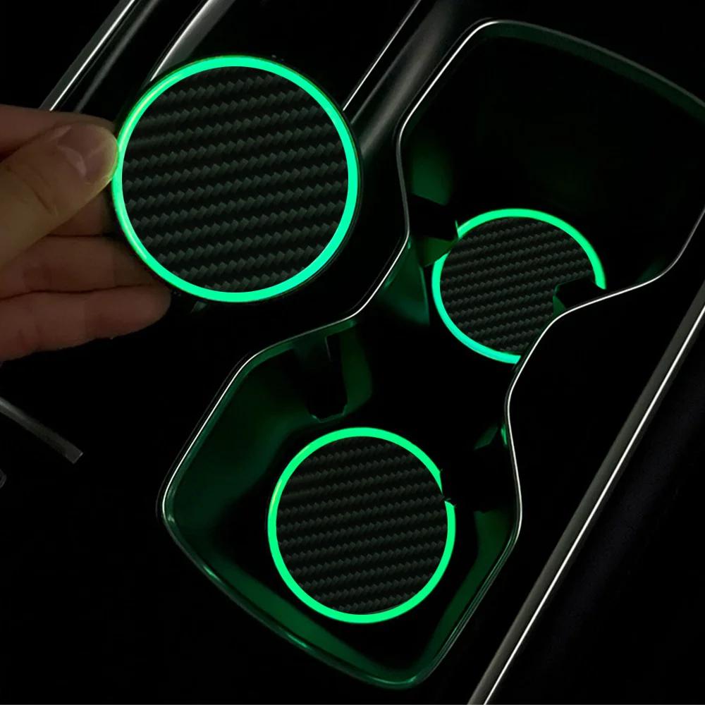 Glowing Car Cup Holder Coasters, Anti-Slip Silicone Mat, Waterproof Auto Drink Pad, Interior Decoration Accessories, 2 Pack