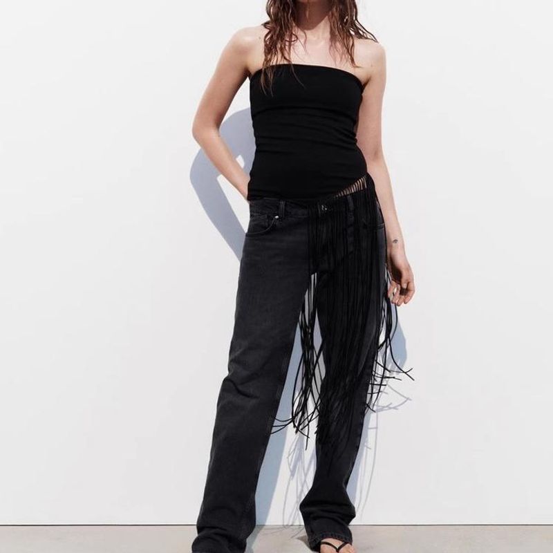 Fall and Winter New Arrival off-Shoulder off-Shoulder Asymmetric Hem Decorated Tassel Stretch Knitting Tops 5584156