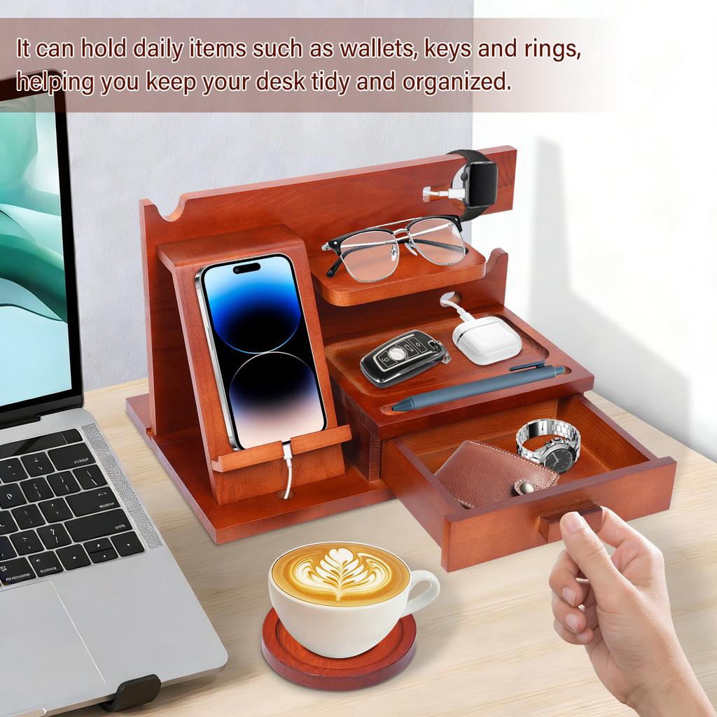 Wood Phone Docking Station with Drawer Bedside Key Wallet Watch Jewelry Stand Storage Rack Desk Organizer Multifunctional