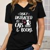 Easily Distracted By Cats and Books Graphic T Shirts Women Funny Book Lover Gifts Vneck Tee Top Cat Mom Fashion Casual Tshirts