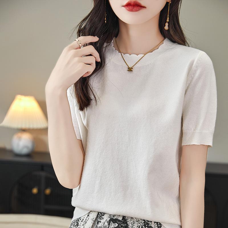 

Весенне-летняя новинка, трикотажный свитер с короткими рукавами и круглым вырезом, свободный и тонкий, для ношения под низ и наверх, топ с рукавами до локтя, кружевной воротник, женский XXL