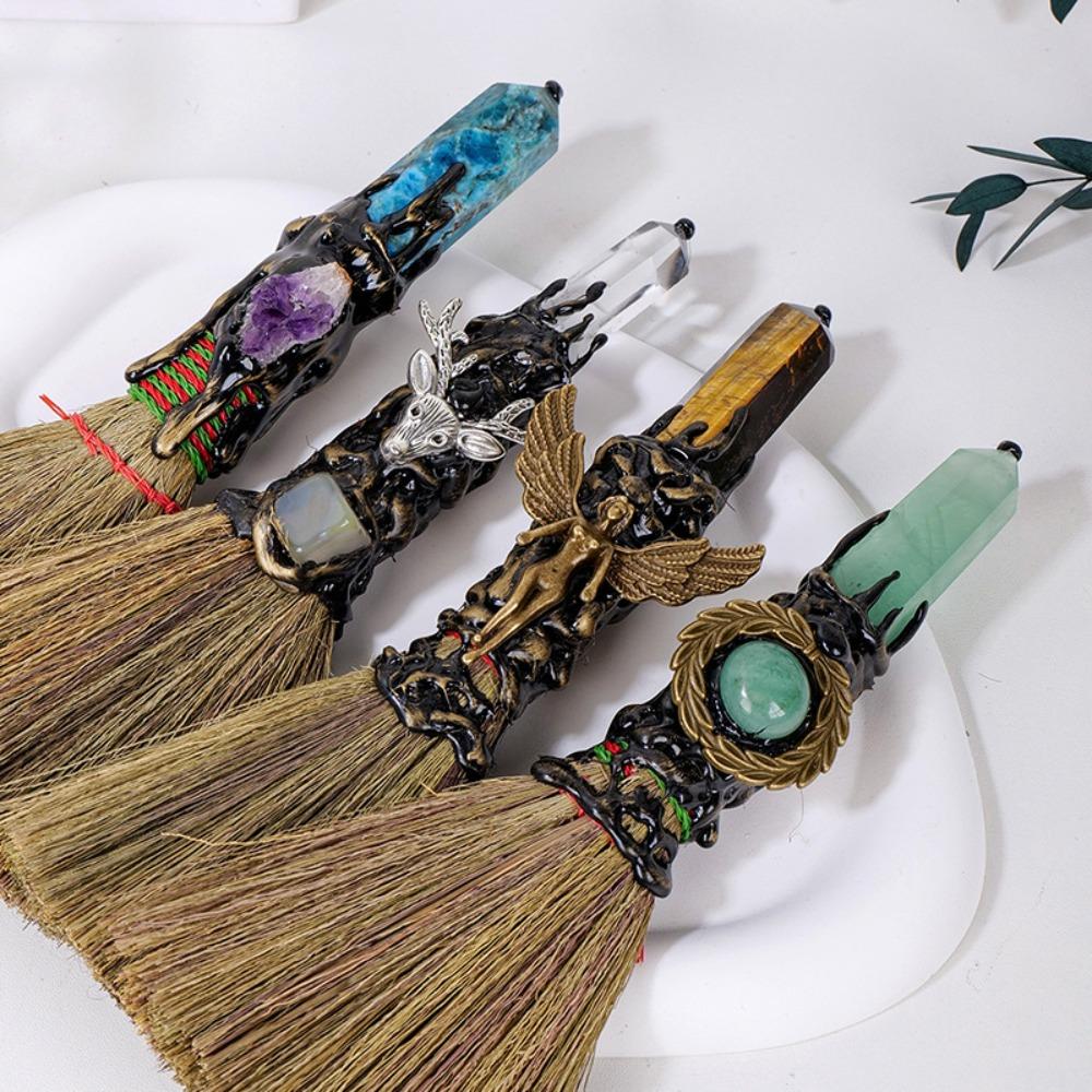 Natural Crystal Column Point Stone Broom Handmade Broom Craft Witch Broom Ornaments Desktop
