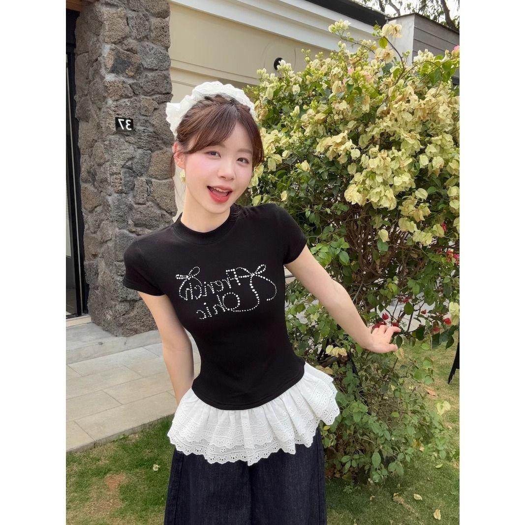 

Plus Size Summer Bow Lace Trim Short Sleeve Slimming T-Shirt Large чёрный