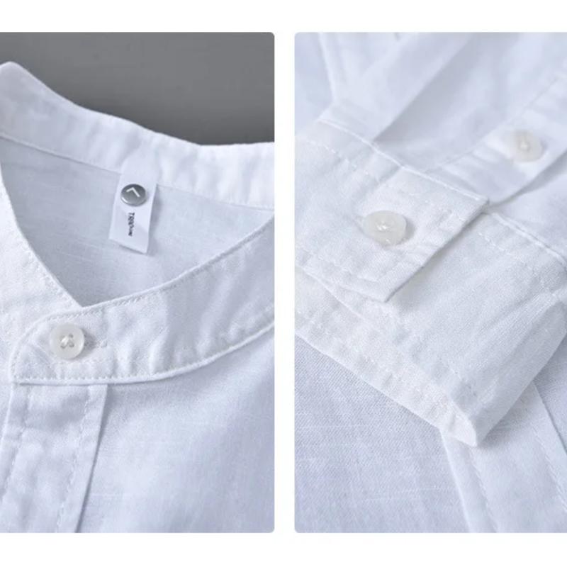 Einfacher Stil Baumwolle Leinen Hemden für Herren Frühling Sommer Täglich Lässig Langarmhemd Tasche Stehkragen Einfarbiges Hemd Strand Atmungsaktiv Herren Top