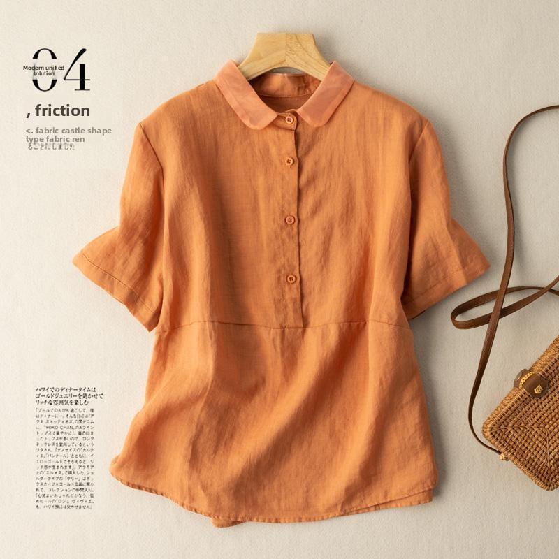 Solid Color Short-Sleeve Pullover Linen Shirt for Women, Vintage Hong Kong Style Cotton-Linen Blouse, 2026 Spring/Summer New Arrival