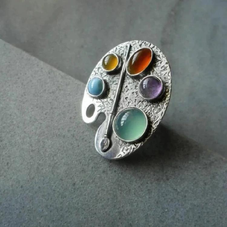 Retro Künstlerischer Statement-Ring Verstellbar Bunte Kristallverzierungen Stilvolles Design Kreativer Schmuck Geschenk für Sie