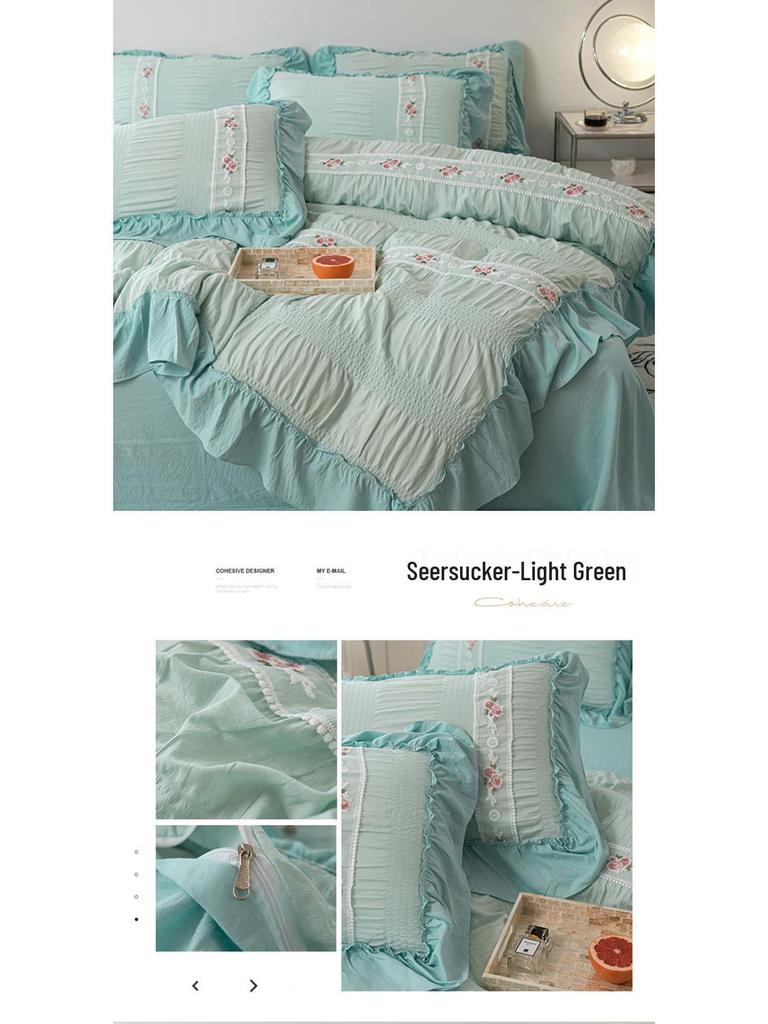 French Seersucker Embroidered Lace Duvet & Sheet Set, 3-Piece Bedding
