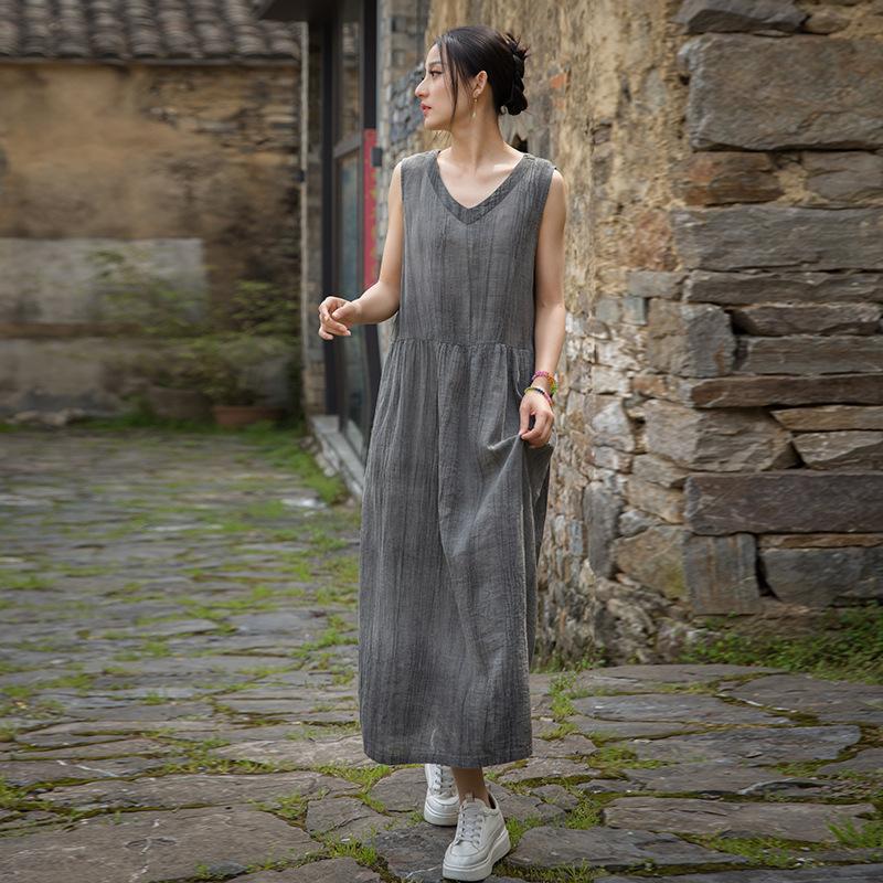 

Johnature Women Vintage Tie-dye Dresses V-Neck Sleeveless Patchwork Summer Loose Long Dresses One Size