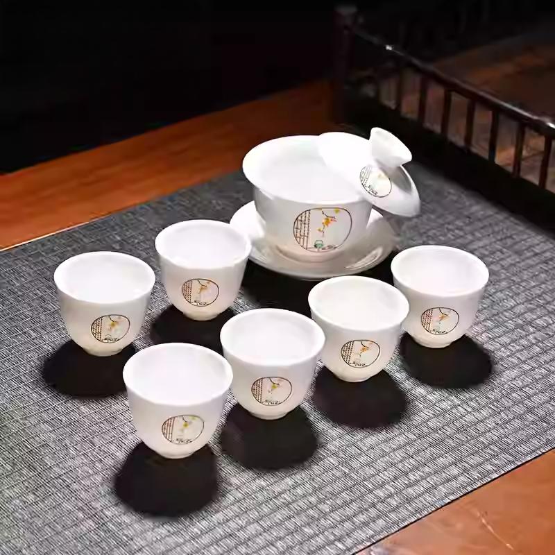 

Goat Jade Tea Set Kung Fu Set Chinese Light Luxury Tea Calendars Teacups Office White Porcelain Teapot Covered Bowl Set