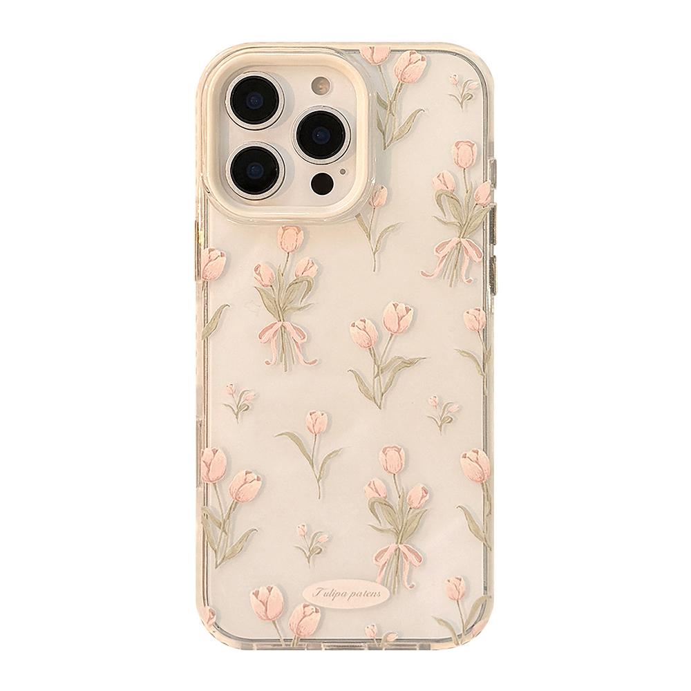 

Stylish Pink Tulip Flower Pattern Cute Phone Cases for iPhone 17 16 15 14 13 12 Pro Max 16Pro Transparent Shockproof Case Cover iPhone 14 Pro