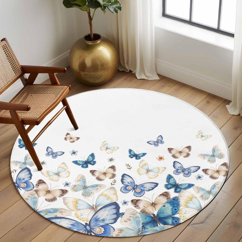 Rundteppich im rustikalen Stil mit Aquarellblumen, künstlerische botanische Heimdekormatte, saugfähiger, rutschfester Teppich für Wohnzimmer, Schlafzimmer