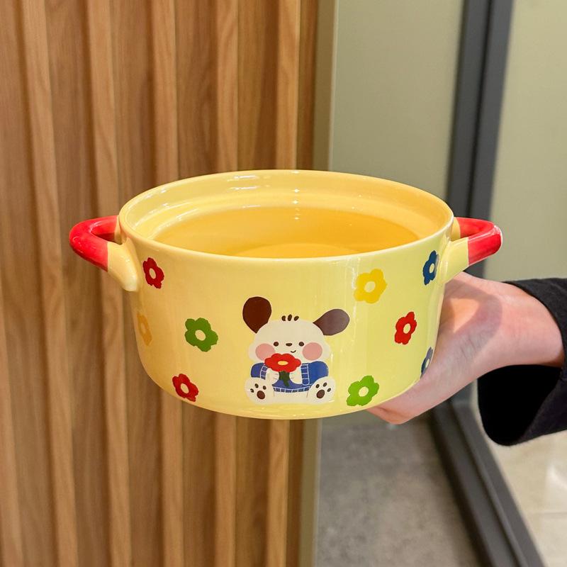 Cream Wind Tableware Cute Ceramic Instant Noodle Bowl with Lid Binaural Soup Bowl Instant Noodle Bowl for Student Dormitory