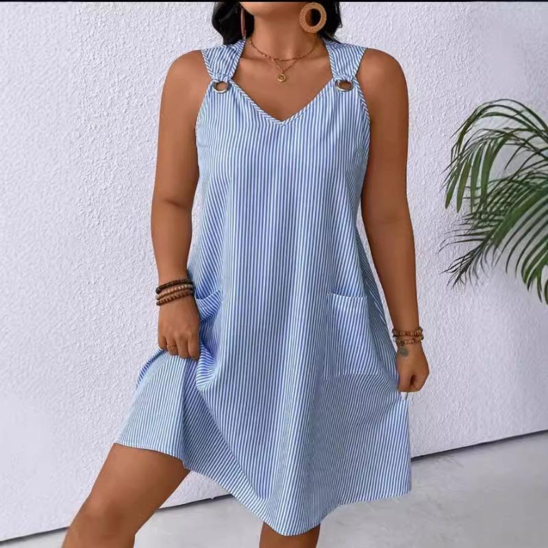 Round Neck Pocket Fashion Striped Shoulder Strap Jumpsuit Short Skirt Dress