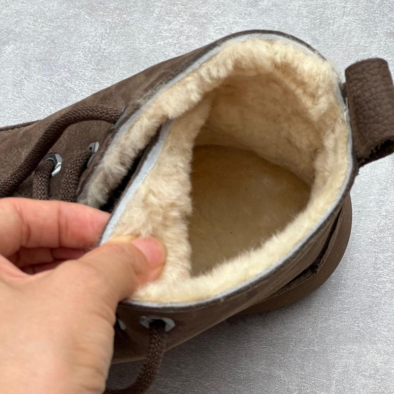 Johnature Cizme scurte din piele naturală de epocă Cizme de bumbac de damă din piele de vacă îngroșată, cu șireturi, cu vârf rotund