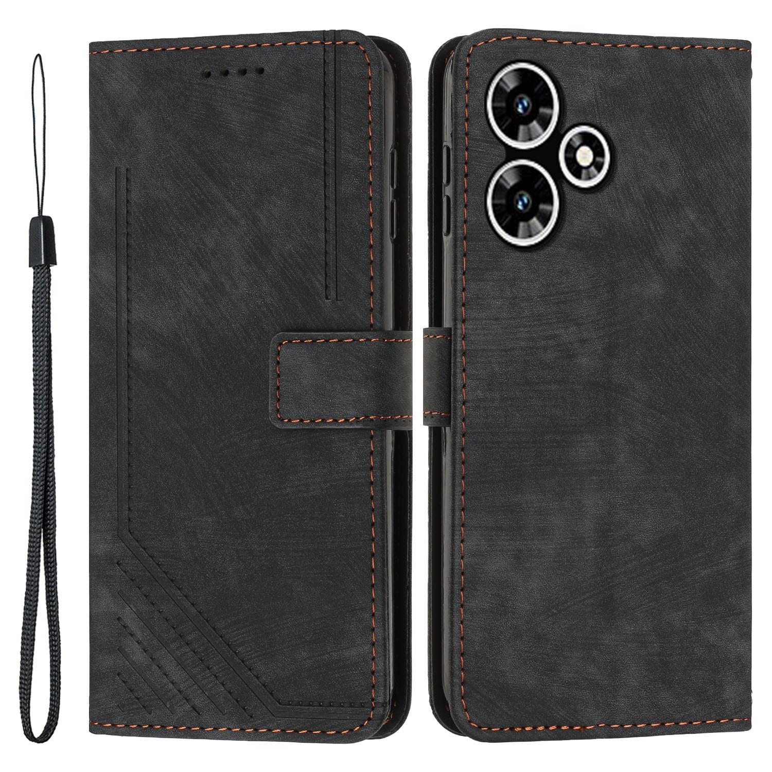 

For Infinix Hot 30 Play NFC 4G Stand Wallet PU Leather Case Imprinted Lines Skin-Touch Phone Cover Black