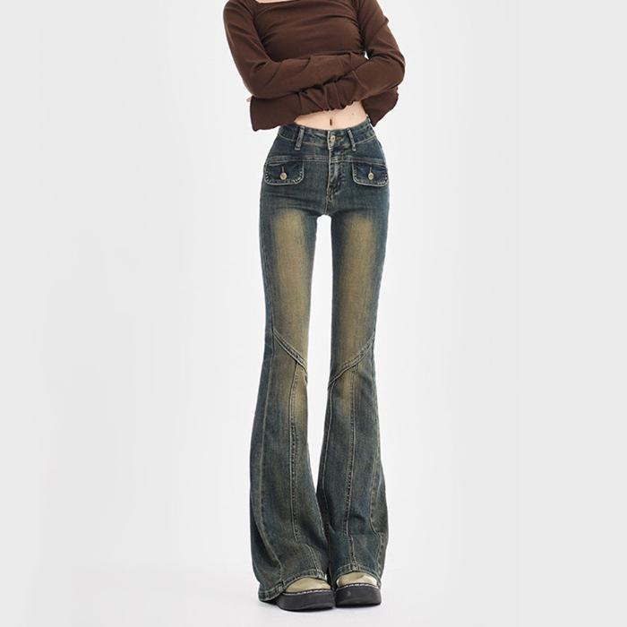 

Women s High-Waisted Retro Patchwork Flare Jeans: Spring Design, Slimming, Stretchy, Floor-Length. M