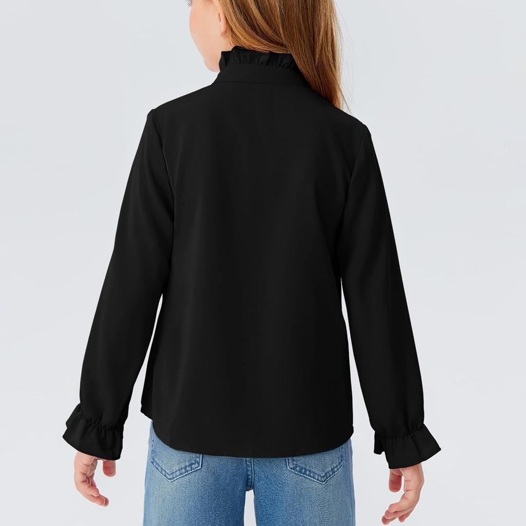 Girls' Ruffled Blouse - Solid Color Stand Collar Shirt
