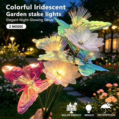2Pack Colorful Iridescent Solar Butterfly & Flower Stake Lights Fiber Optic LED Garden Lights Waterproof Outdoor Decor for Lawn Patio Night Ambiance