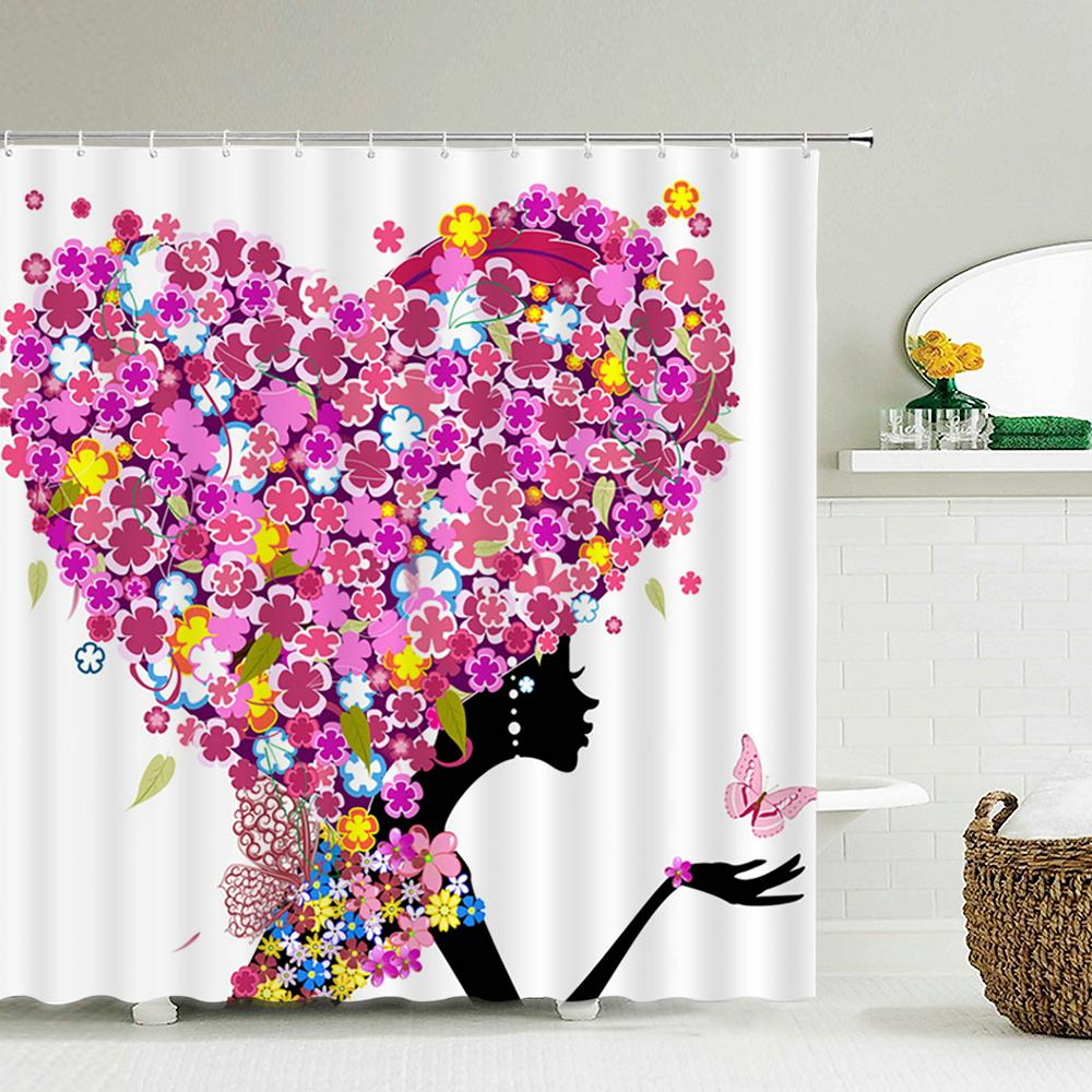 Butterfly Flower Girl Bathroom Curtain Polyester Waterproof Fabric Shower Curtain Valentine's Day Heart Pattern Bathtub Screen