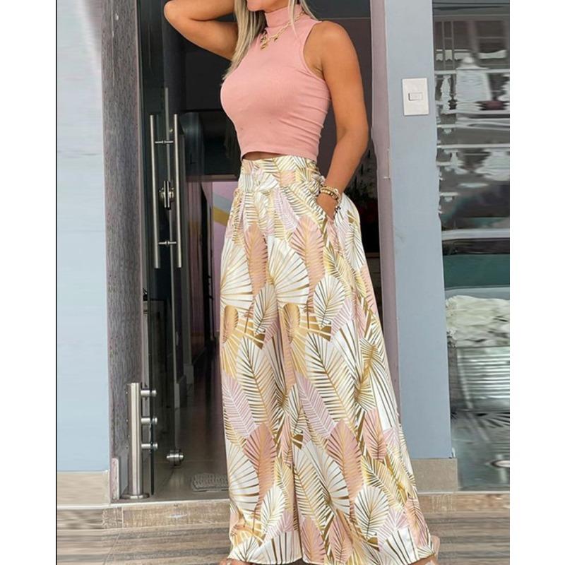 Damenmode Lässig Sommer Frühling Farbblockdruck Ärmellos Hoher Kragen Hosenanzüge