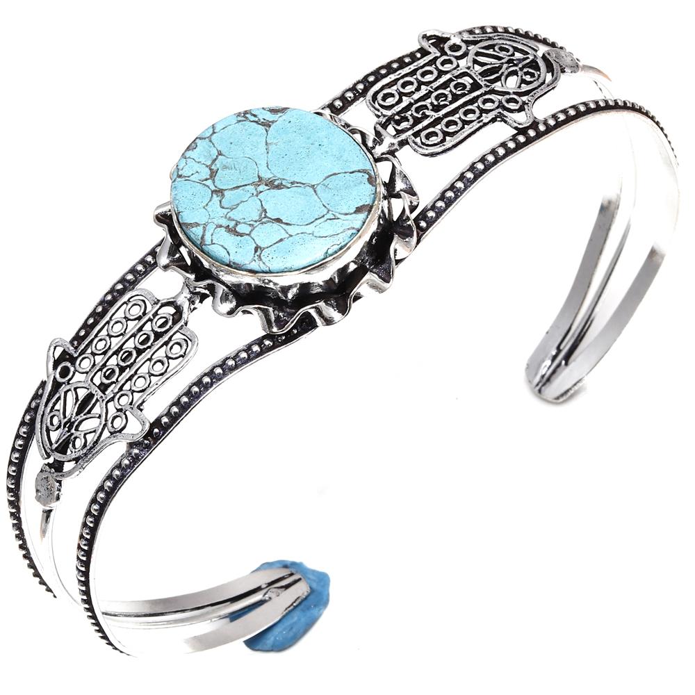 

Серебряный браслет-манжета с тибетским бирюзовым камнем, регулируемый, 7 дюймов