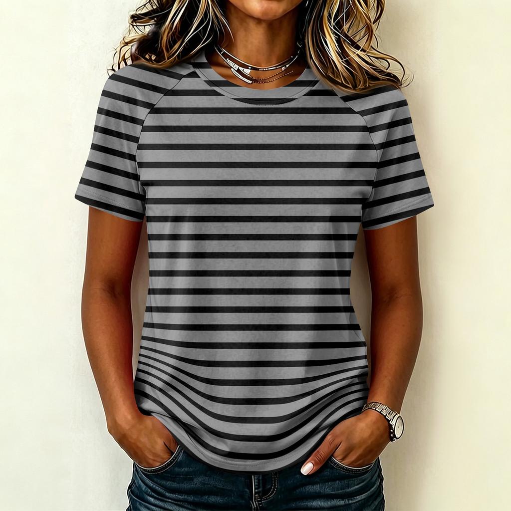Women's Short Sleeve Raglan Pullover Neck Striped Print Casual Summer Fashionable Blouse Tunic Top for Women Everyday Outfit