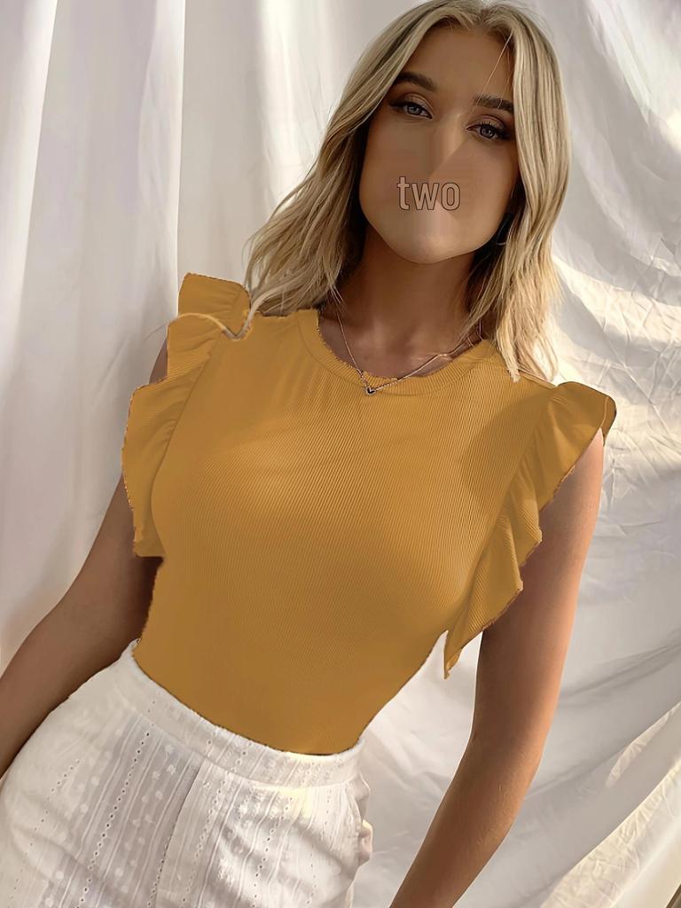 Spring/Summer European & American Women's Ribbed Knit Ruffle Sleeve Round Neck Slim Fit T-shirt
