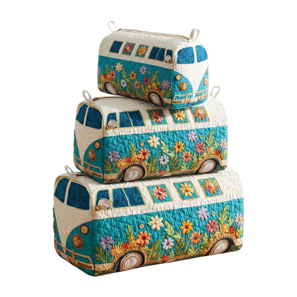 Quilted Multi Functional Storage Bag Set M Size with Floral and Nature Pattern Embroidery for Cosmetics and Accessories Organizer