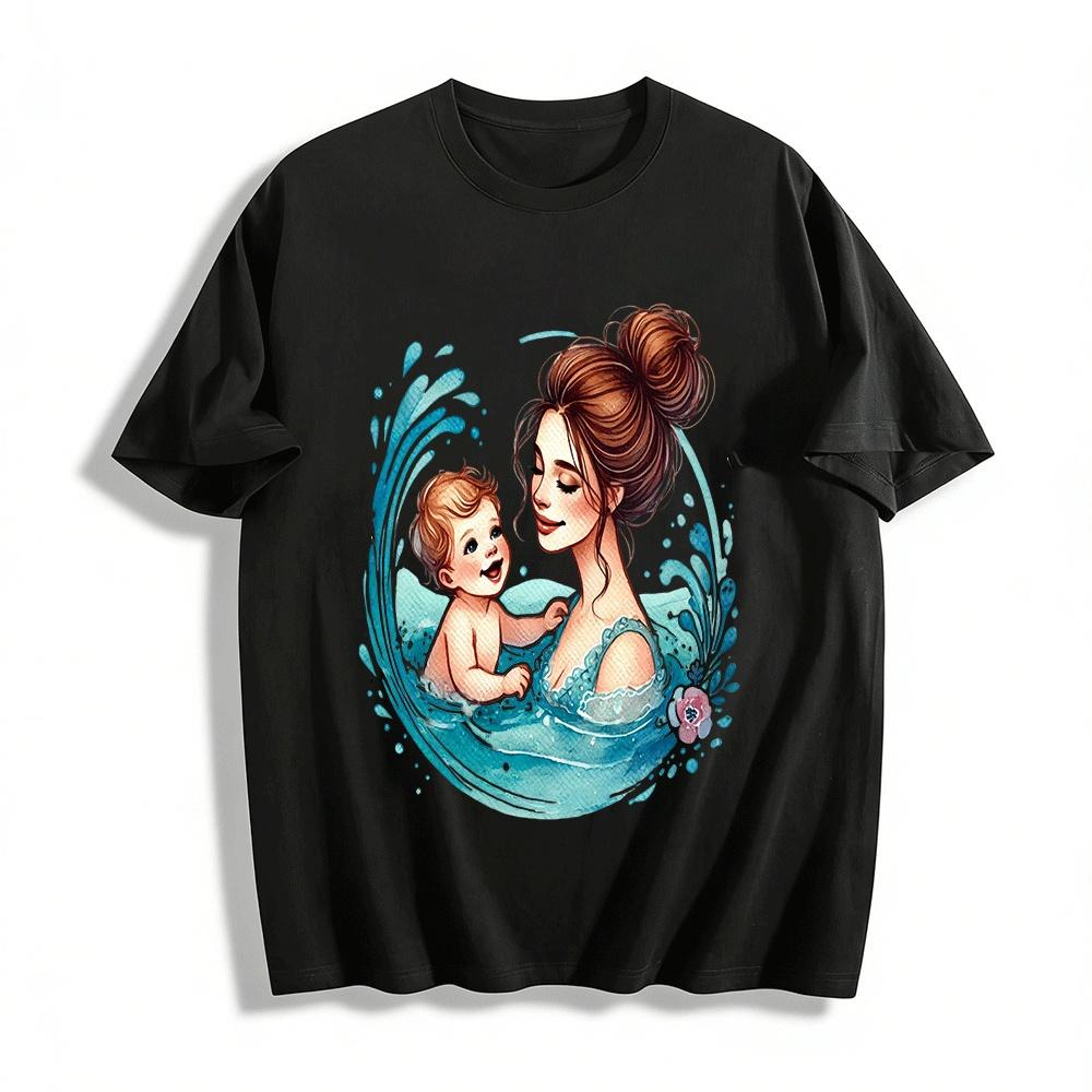 Warm Mother Baby Water Play Print Casual Adult Short Sleeve Top Pure cotton T-shirt XXS