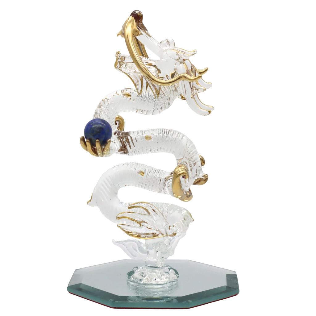 Fourcart Cute Handmade Glass Craft with Natural Stone Rising Dragon (Lapis Lazuli)