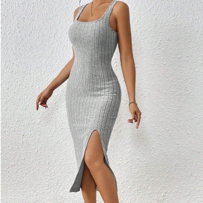 Sexy Sheath Waist Hugging Mid-Length Dress Western Style Spring Sleeve Vest Long Dress