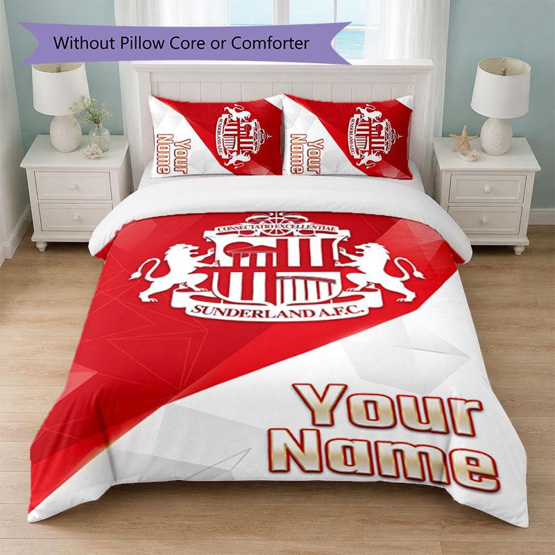 Set Biancheria da Letto Personalizzato Sunderland FC con Nome Testo 1 Copripiumino+2 Federe Logo Calcio Regalo Personalizzato per Occasione Speciale Decorazione Camera da Letto
