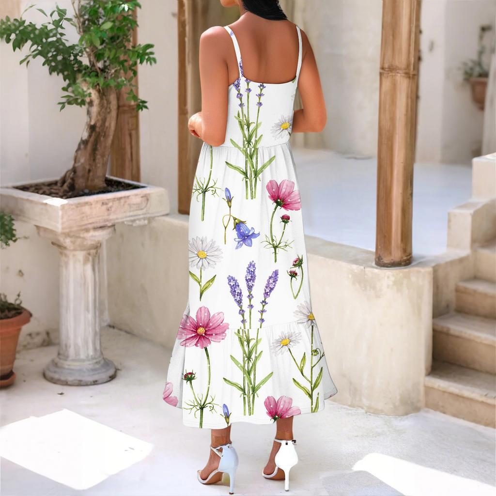 Damen Long Beach Casual Elegant Spaghettiträger Maxikleid Floral Low-Key Fließendes Bohemian Kleid