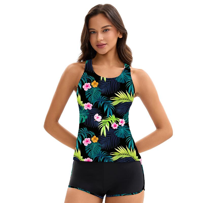 Costume da bagno bikini due pezzi da donna con stampa di foglie blu e schiena a vogatore, con pantaloncini