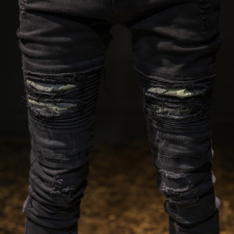 Four Season Wearable European And American Men'S Knee Ripped Jeans Stretch High Street Trend Slim Pants Motorcycle Pleated Small Leg Pants