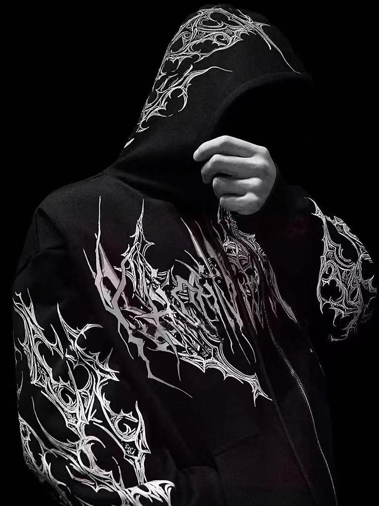 Breathedivinity Skull Print Zipper Hoodie - American Trendy Dark Style for Autumn/Winter