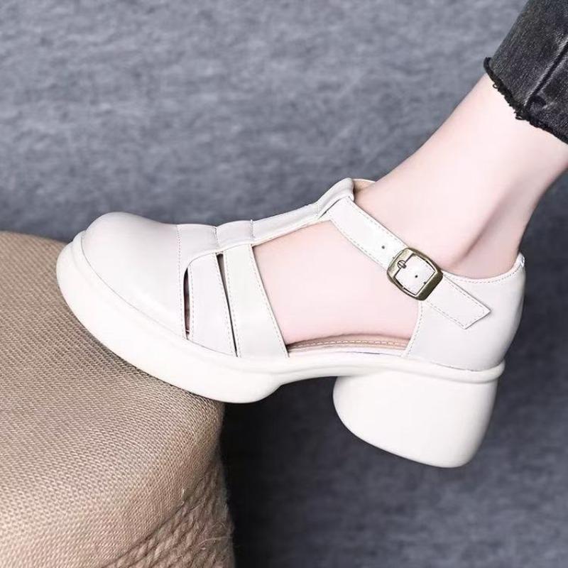 Round head thick heel thick sole high heels women's summer new hollow bag head T-buckle sandals