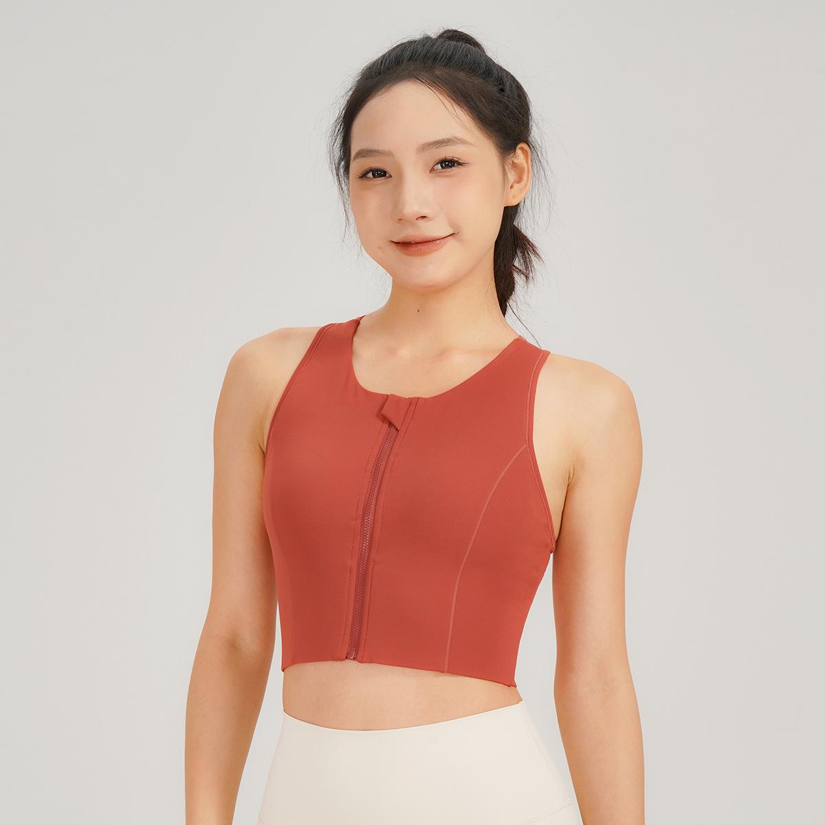 

Женский спортивный бюстгальтер с высокой степенью поддержки - Ударопрочный, на молнии спереди, Минимизатор груди, Фитнес-жилет для бега, Осень/Зима. L for 110-125 jin красный