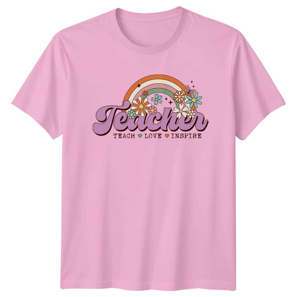 Teacher Teach Love Inspire TShirt Retro Rainbow Floral Gift Tee