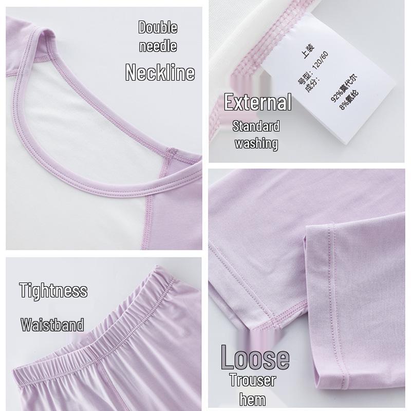 Wiosenno-letni bawełniany zestaw piżamy dla dziewczynek klasy A: Uroczy, Domowy Strój z Okrągłym Dekoltem dla Średniego Dziecka - Jesienne Spodnie w Zestawie