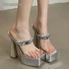 15cm Nachtclub Party Kleiderschuhe für Damen Mode Silber Klobiger Absatz Plateau Sandalen Klare PVC-Riemen Quadratische Zehenpartie Sandalen