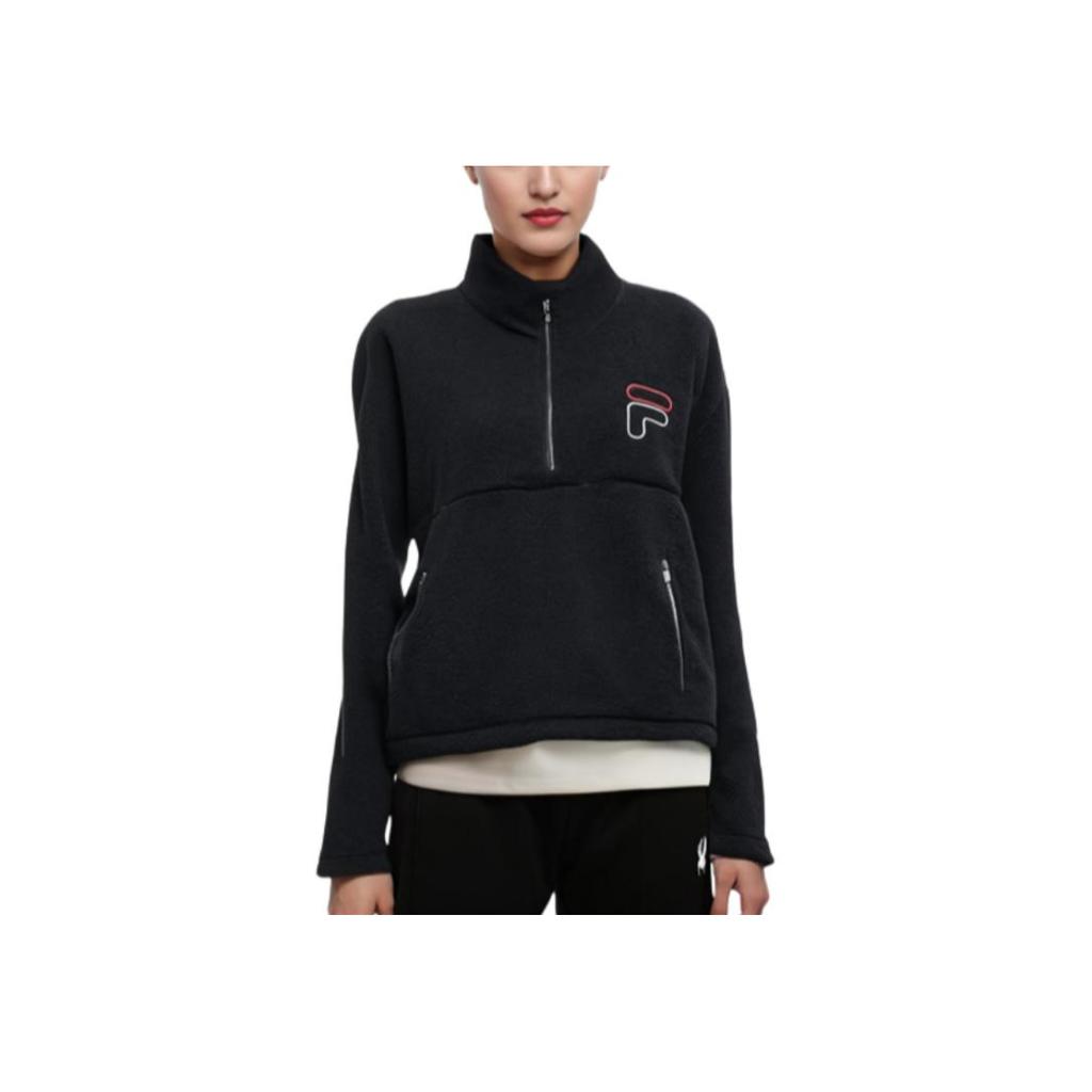 Fila Logo Print Zip-Up Stand Collar Long Sleeve Sweatshirt Women sweatshirt Black F51W149221F-BK