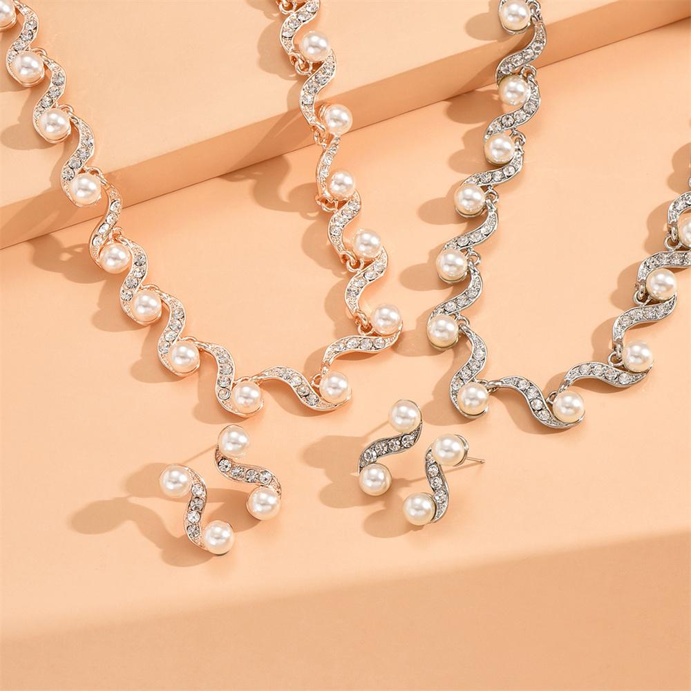 Ladies Elegant Imitation Pearl S-Shape Necklace Earring Set Bridal Clavicle Chain Jewelry for Weddings Women Jewelry Gift
