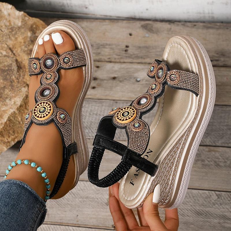Fashion Pearl Crystal Decor Wedge Sandals for Women Bohamian Style Chunky Platform Sandalias Mujer Summer 2025 Thick Bottom Beach Shoes