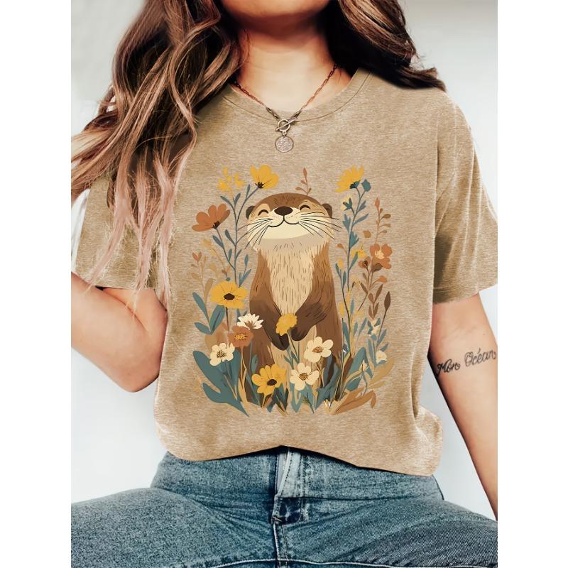 

Милая Выдра Цветочная Женская Футболка - Графика Природы, Повседневный Хаки Топ S