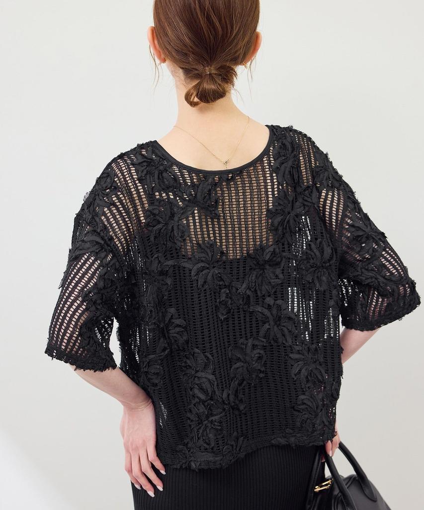 ROPE PICNIC Mesh Cord Embroidered Pullover Top In Black Women's (01)