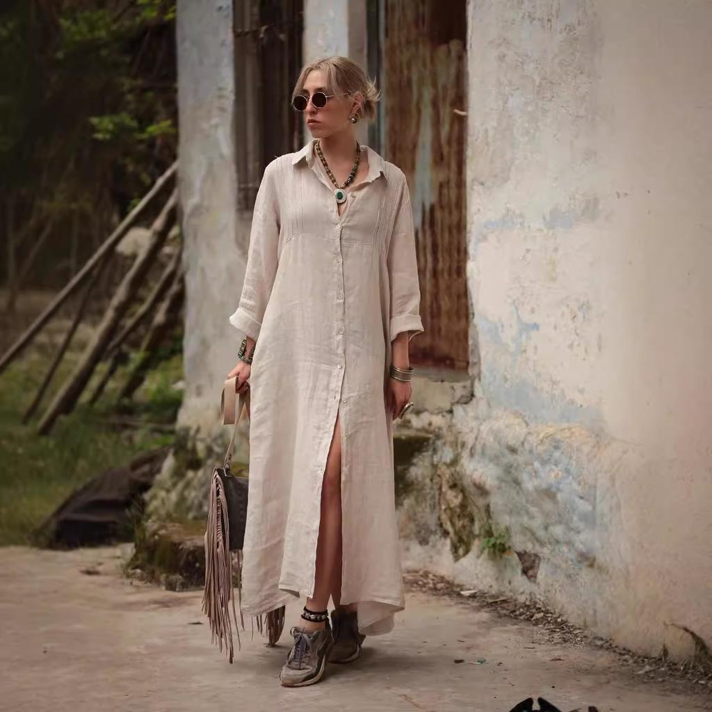 Women Long Sleeve Button Down Maxi Shirt Dress Loose Fit Casual Lapel Collar Long Robe Solid Color
