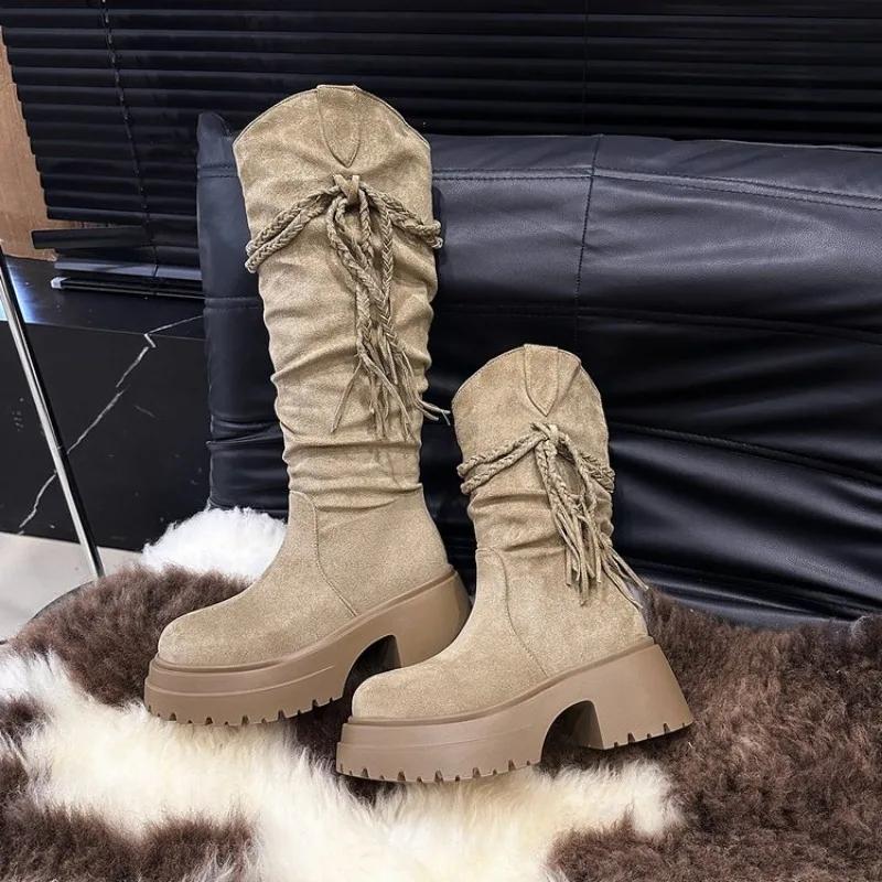 Spring and Autumn New Retro Fashion Style Fashion Boots Thick Heel Long Tube Slim Look Stacked Middle Tube Boots Plus Size 41 42