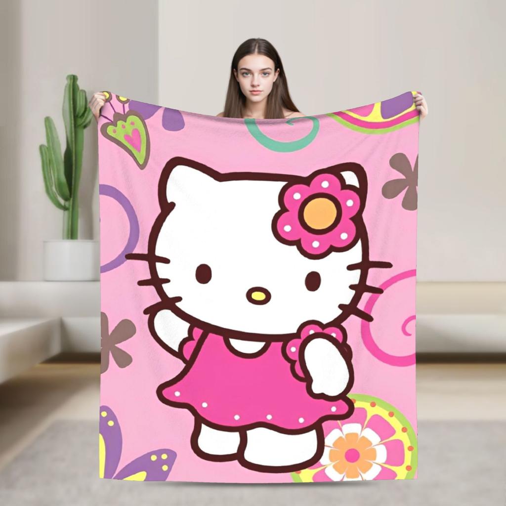 kawaii Hello Kitty Blanket Cute Cartoon Flannel Throw Blankets Home Couch Portable Lightweight Bedspreads